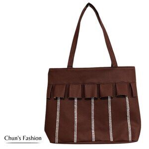 Women's Deep-Brown Faux Leather Tote Shoulder Bag Ruffle & Bling SZ Medium NWT